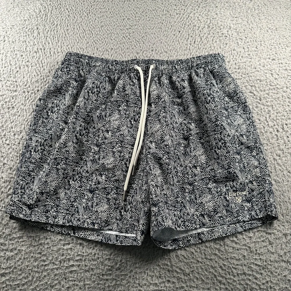 Barbour‎ Men's Swim Trunks XL Navy White Leaf Print Polyester Lined